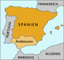 Andalusien und dessen Lage in Spanien - angrenzend: Portugal,  Atlantik, Mittelmeer, Straße von Gibraltar 